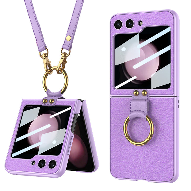 GKK For Samsung Galaxy Z Flip5 5G PU Leather Coated PC Slim Case Ring Kickstand Phone Cover with Small Screen Film and Shoulder Strap GKK For Samsung Galaxy Z Flip5 5G PU Leather Coated PC Slim Case Ring Kickstand Phone Cover with Small Screen Film and Shoulder Strap
